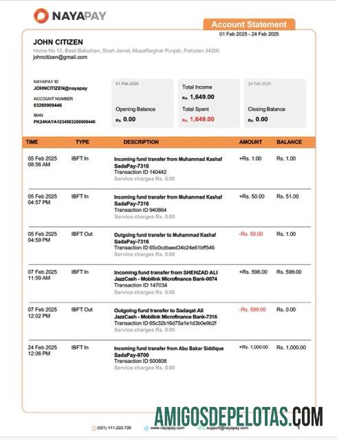Extrato de conta Paquistão NayaPay para download, modelo Word e PDF